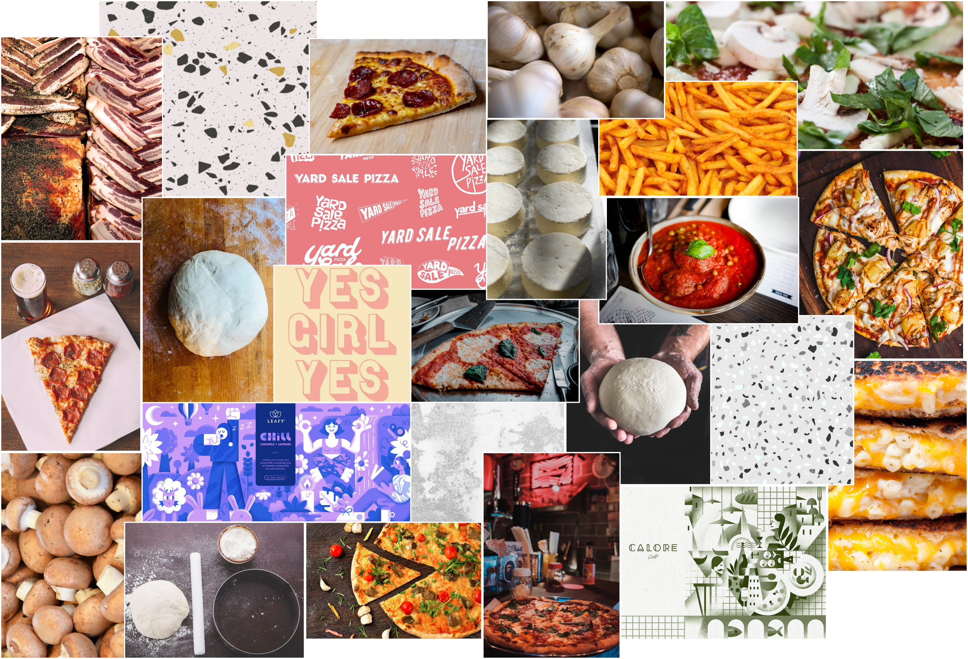 Moodboard featuring vibrant pinks, greens, reds, geometric pizza slice illustrations, eclectic typography, and textured patterns representing Polito’s Pizza’s modern, bold, and Italian-inspired brand identity.